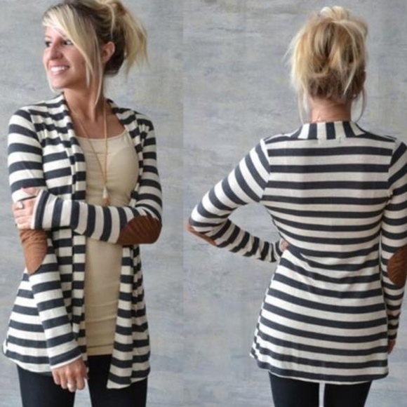 Boutique Sweaters - New Gray White elbow patch striped open cardigan